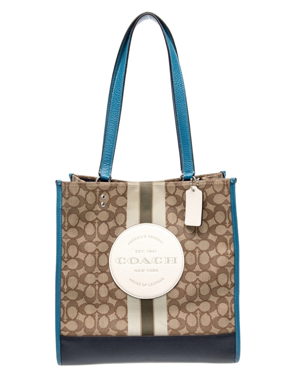 Preloved COACH Signature Dempsey Canvas Tote in Khaki with Teal Trim